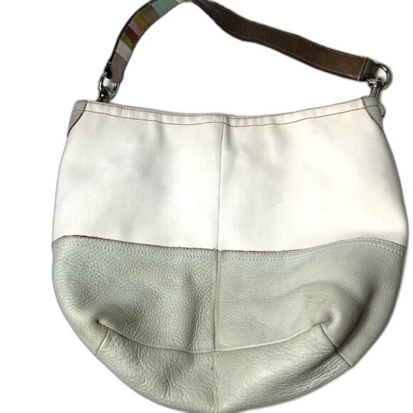 Coach #7459 Rare Ltd Ed Ivory Canvas Sage Leather Striped Strap Large Hobo Bag - Picture 2 of 15